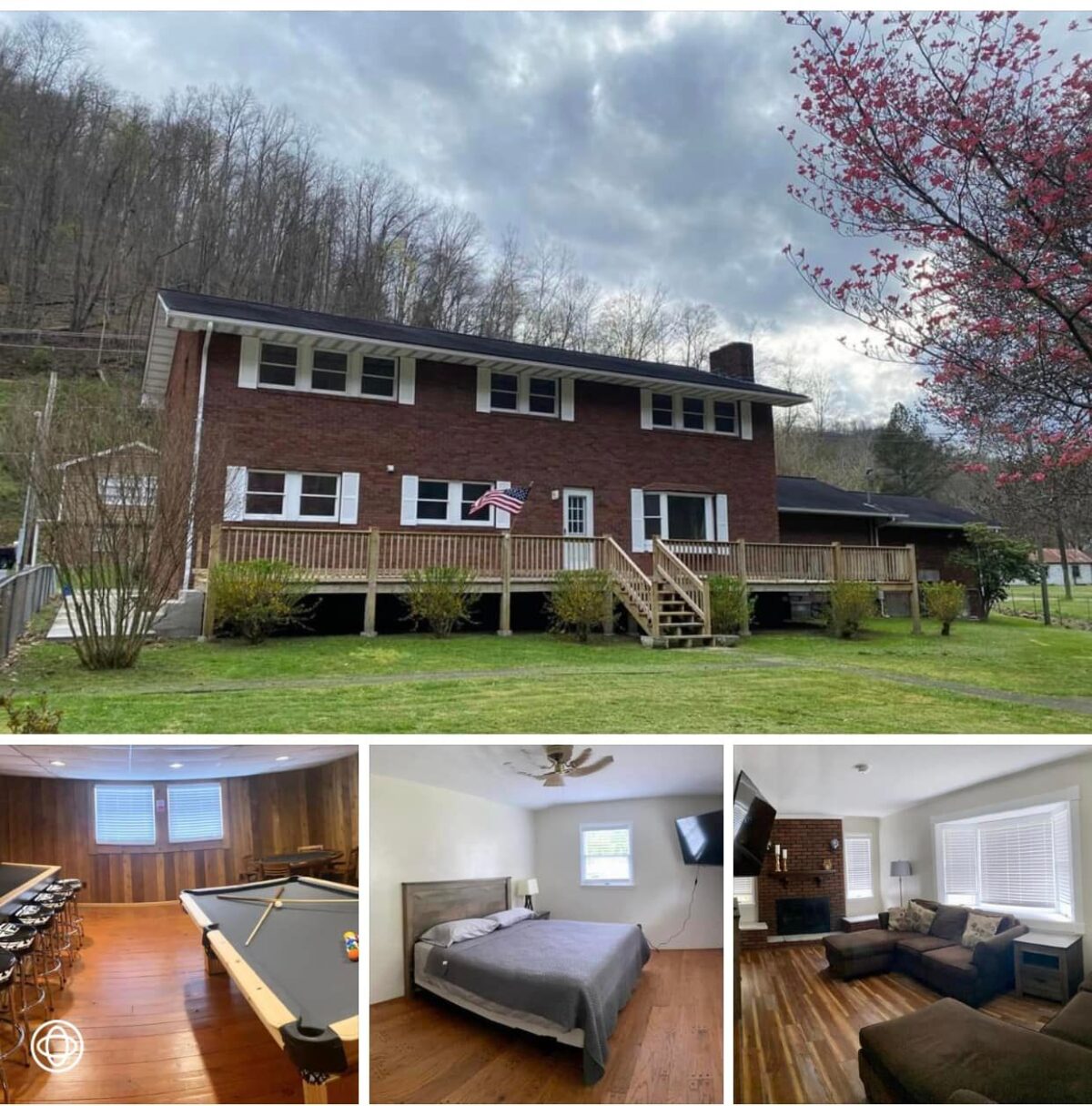Interior and exterior of a beautiful house with field.