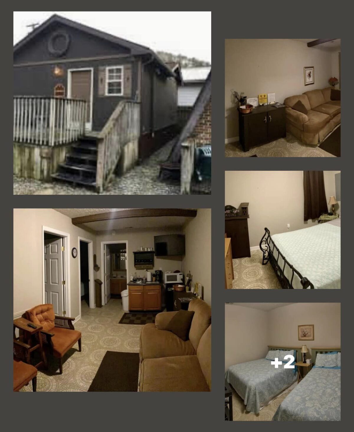 Collage showcasing the exterior and various interior rooms of a 2 Bed Room Hatfield McCoy Trail House Rental.