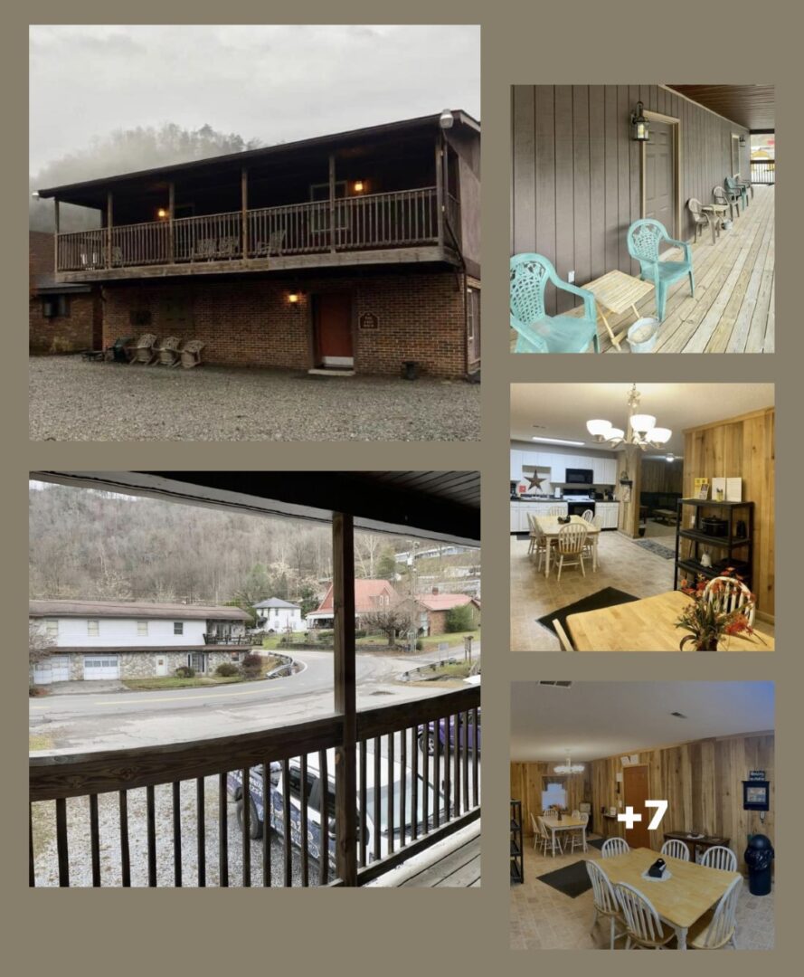 Interior and exterior of a house near mountains.