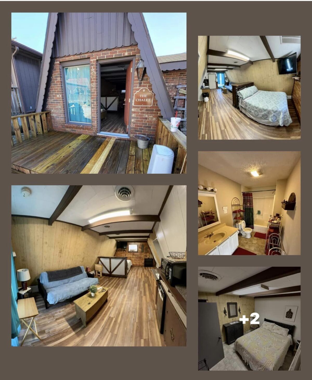 A collage showcasing various interior views of a compact, modern tiny house with wooden finishes and space-saving furniture, perfectly suited for Hatfield McCoy Trails Lodging.